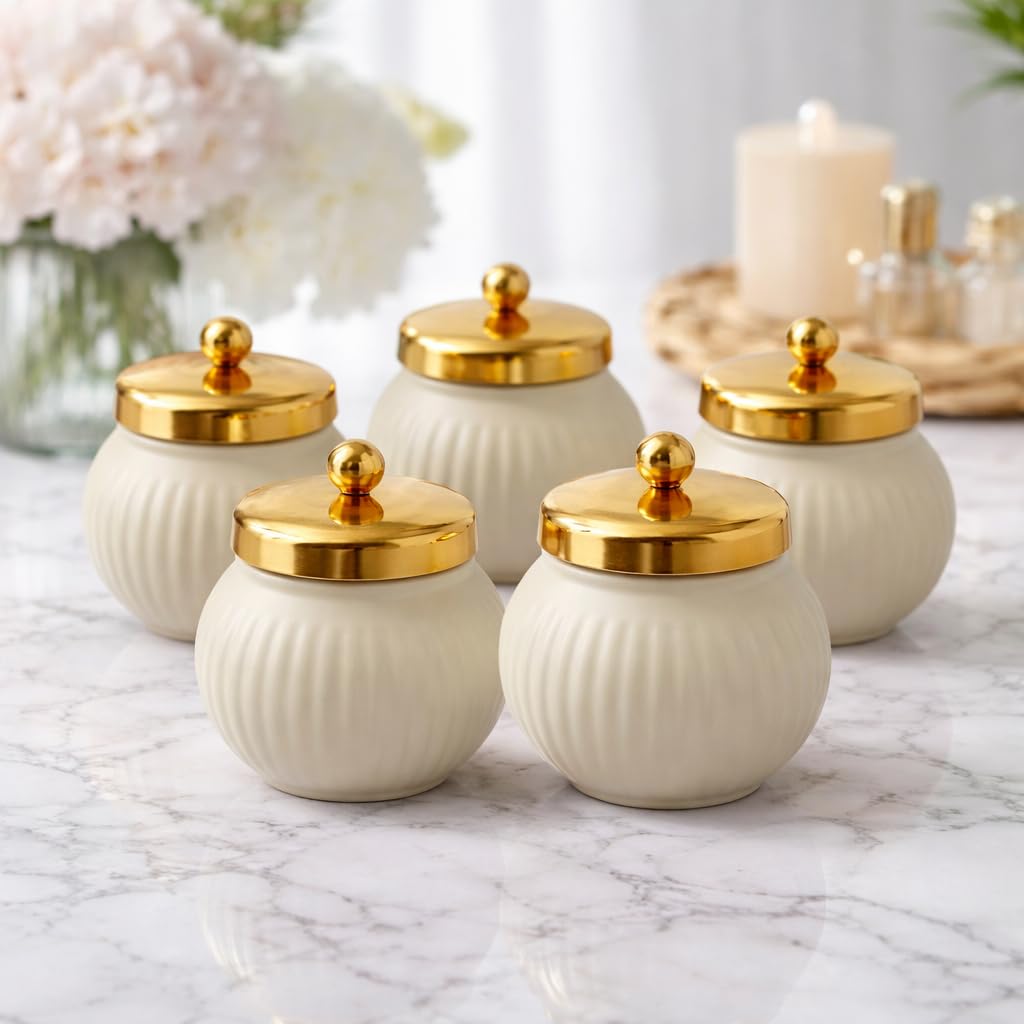 CraftVatika Set of 5 Decorative Bowl Jar with Golden Lid, Return Gifts for Woman, House Warming Gift, Pooja, Wedding Baby Shower Birthday Return Diwali Gifts for Ladies Guests, Dryfruit Jar Container-image-39