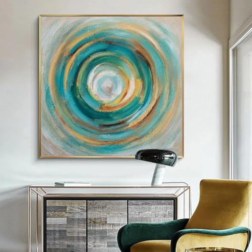 Tableau abstrait sur toile peint à la main or turquoise chic