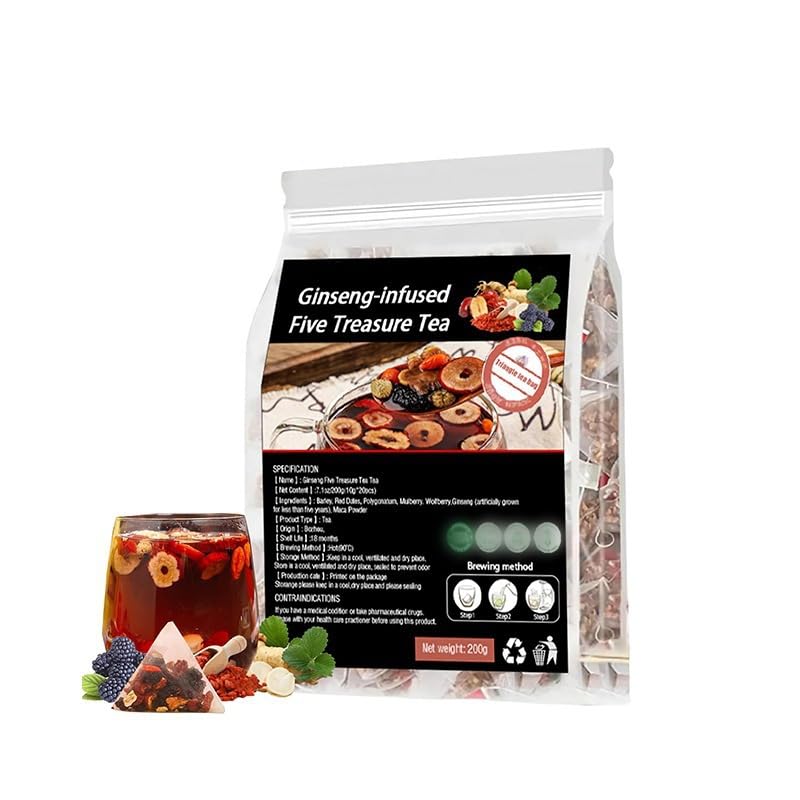 Ginseng Five Treasure Tea, Kidney Tea formula Ginseng Five Treasures, Red Date Wolfberry Mulberry Health, (2pcs)