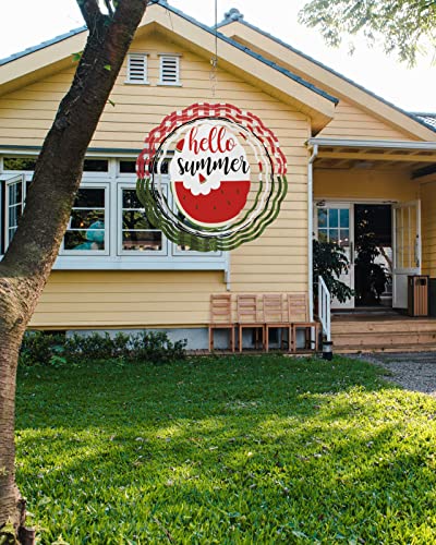 Wind Spinners For Yard And Garden, Hello Summer Stainless Steel Wind Sculptures Spinners, Red Plaid Teal Striped Tropical Watermelon Wind Spinner Crafts Ornaments 3D Indoor Outdoor Decorations 8" #TOP2