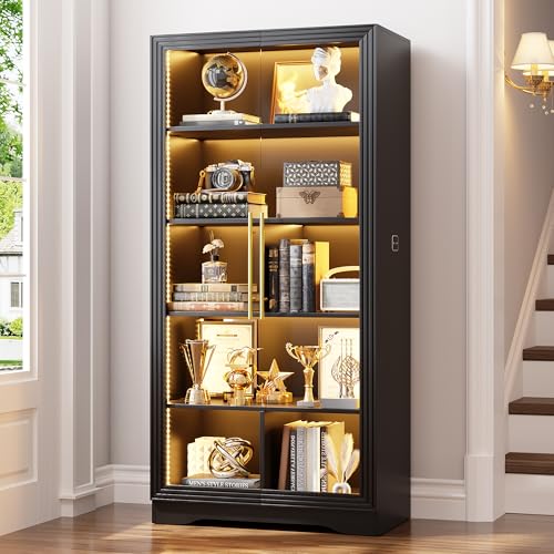 LVSOMT Display Cabinet with Glass Doors and Adjustable Shelves, 65' Tall Bookcase with LED Lights...