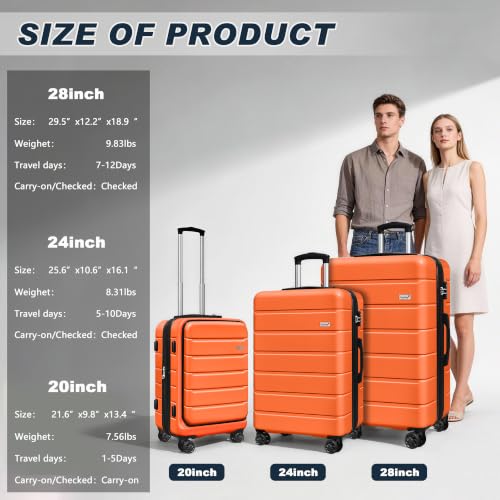 Image of KEYTANG SmileLine 3-Piece Luggage Set Lightweight Hardside Suitcase TSA Lock Spinner Wheels, 20 inch Expandable Carry-On Luggage with Quick Access Front Open Pocket, Bonus Makeup Bag,Orange
