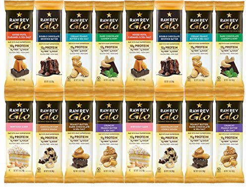 Peaceful Squirrel Variety, Raw Rev, Glo Bars, High Protein and Fiber, Vegan, Gluten-Free Bars - Variety of 16, (2 of Each Flavor) - 1.6 Ounce