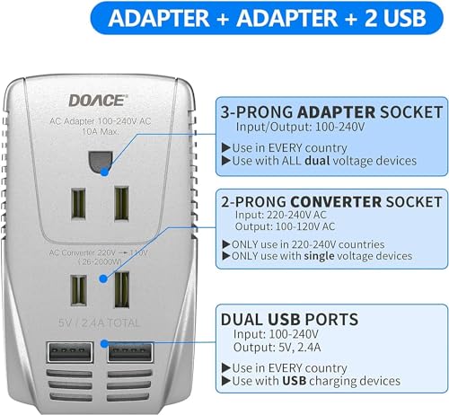 Image of 220V to 110V Converter, DOACE 2000W Travel Voltage Converter for Hair Dryer Straightener Curling Iron, 10A Power Adapter with 2 USB and EU /UK /AU /US Plugs for Charging Laptop Tablet Camera Cell Phone