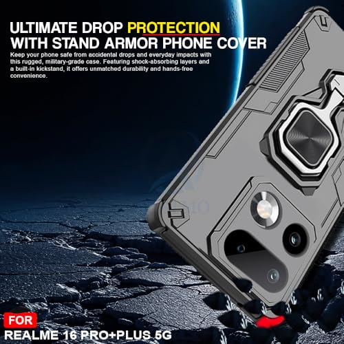 Image of AESTMO Armor Back Cover for Realme 16 Pro Plus 5G | Ring Holder & Kickstand & Camera Protection in-Built | 360 Degree Protection Back Case Cover for Realme 16 Pro Plus 5G (Black)