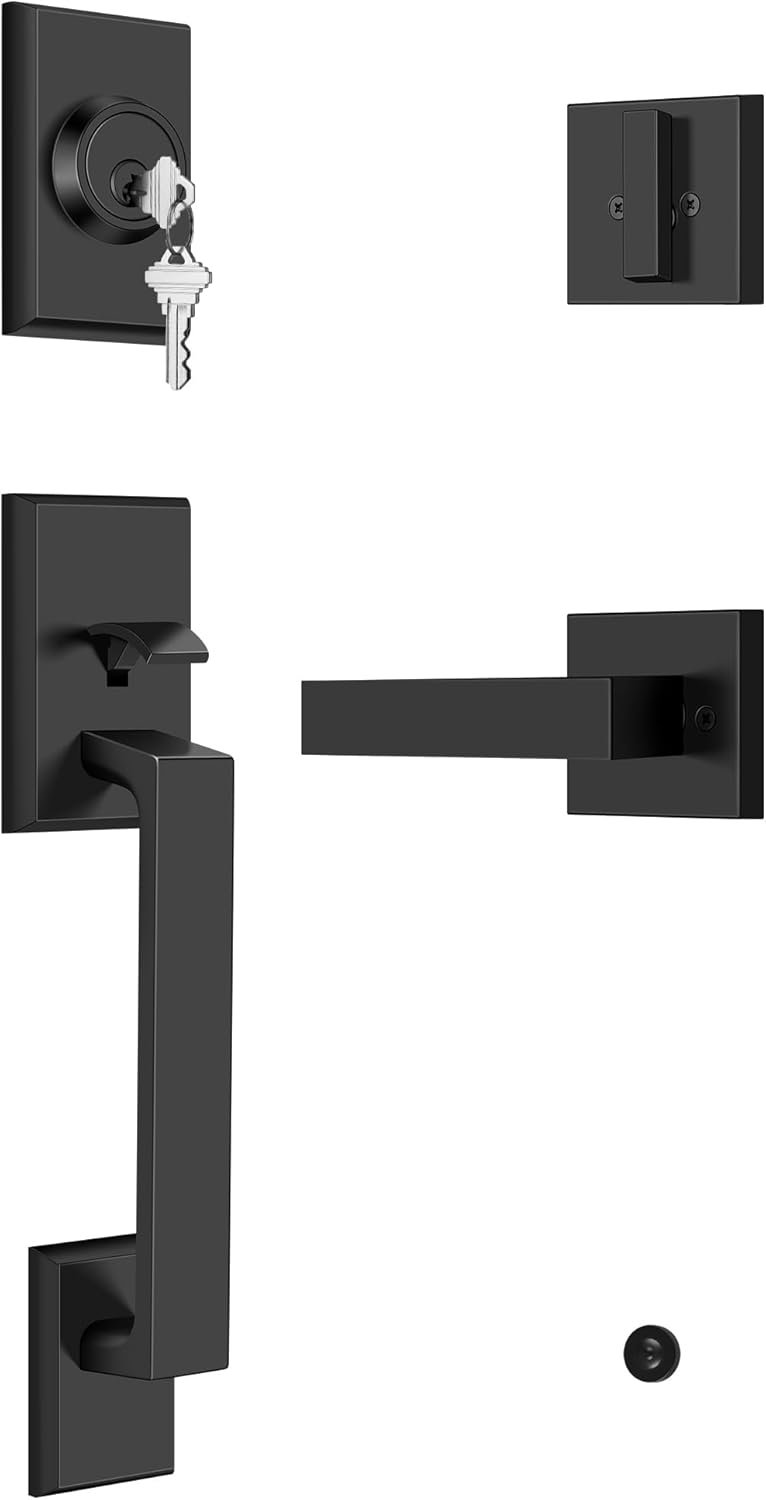 Moquin Square Front Door Handle Set, Heavy Duty Entry Door Handleset with Keys, Exterior Door Lock with Single Cylinder Deadbolt, Matte Black Reversible Door Lock for Right & Left Door