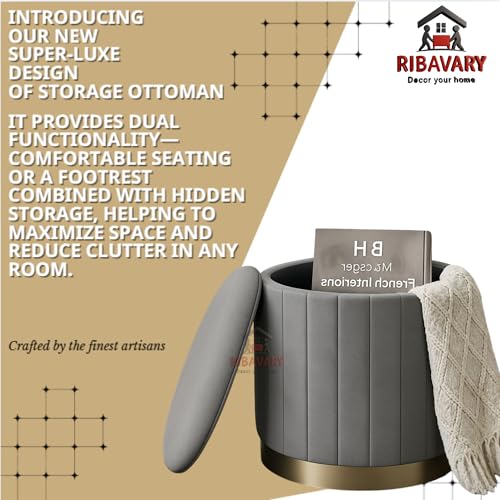 Image of Round Velvet Luxurious Storage Ottoman, Pouf with Storage Vanity Stool Chair,Upholstered Foot Rest Stool with Gold Strip Base for Living Room or Bedroom (Grey, Medium- 36Dx36Wx40H)