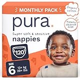 Pura Eco Baby Nappies - Size 6 (13kg+ / 29lbs+), 6 x 20 Nappies (120 Total), Monthly Pack, Ultra Soft Nappies for Sensitive Skin, Organic Cotton, Up to 12hrs Leak Protection, New Size Guide