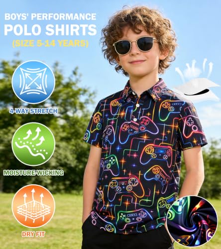 Cozople Boys Collared Polo Shirt, Neon Gaming Print — view 3