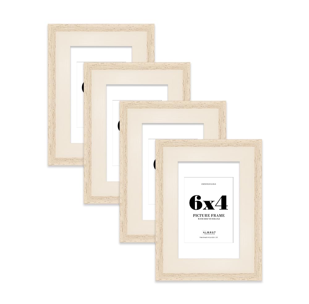 6x4" Oak Picture Frame with 4x3" Mount - Shabby Chic Photo Frame with Distressed Finish, Wall Hooks and Kickstand, 32mm Edge - 4 Pack