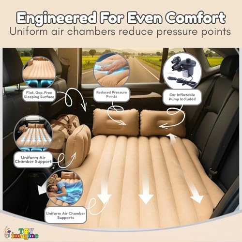 Image of Toy Imagine Car Air Mattress with Pillows & Pump Inflatable Back Seat Bed for Travel, Camping, Long Drives & Family Trips Universal Car Sleeping Bed (Beige)