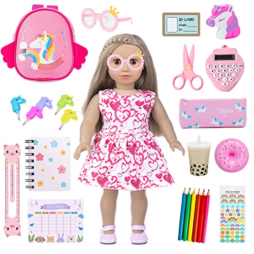 BDDOLL Doll Clothes and Accessories School Supplies Playset for 18 Inch Girl Doll with Doll Clothes School Bags Student Cards Glasses Pencils calculators Scissors notebooks etc