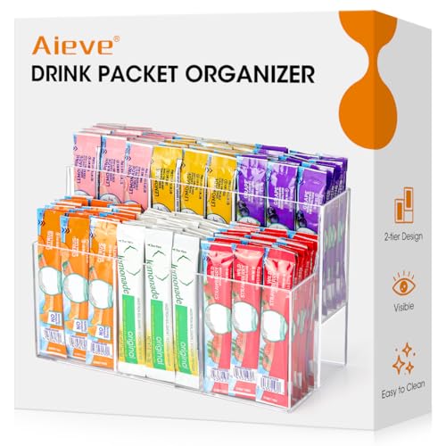 AIEVE Drink Packet Organizer, 2-Tier Water Flavor Packet Holder for Pantry Storage, Acrylic Drink Mix Organizer Hydration Powdered Mixes Holder Container for Cabinet Kitchen Storage