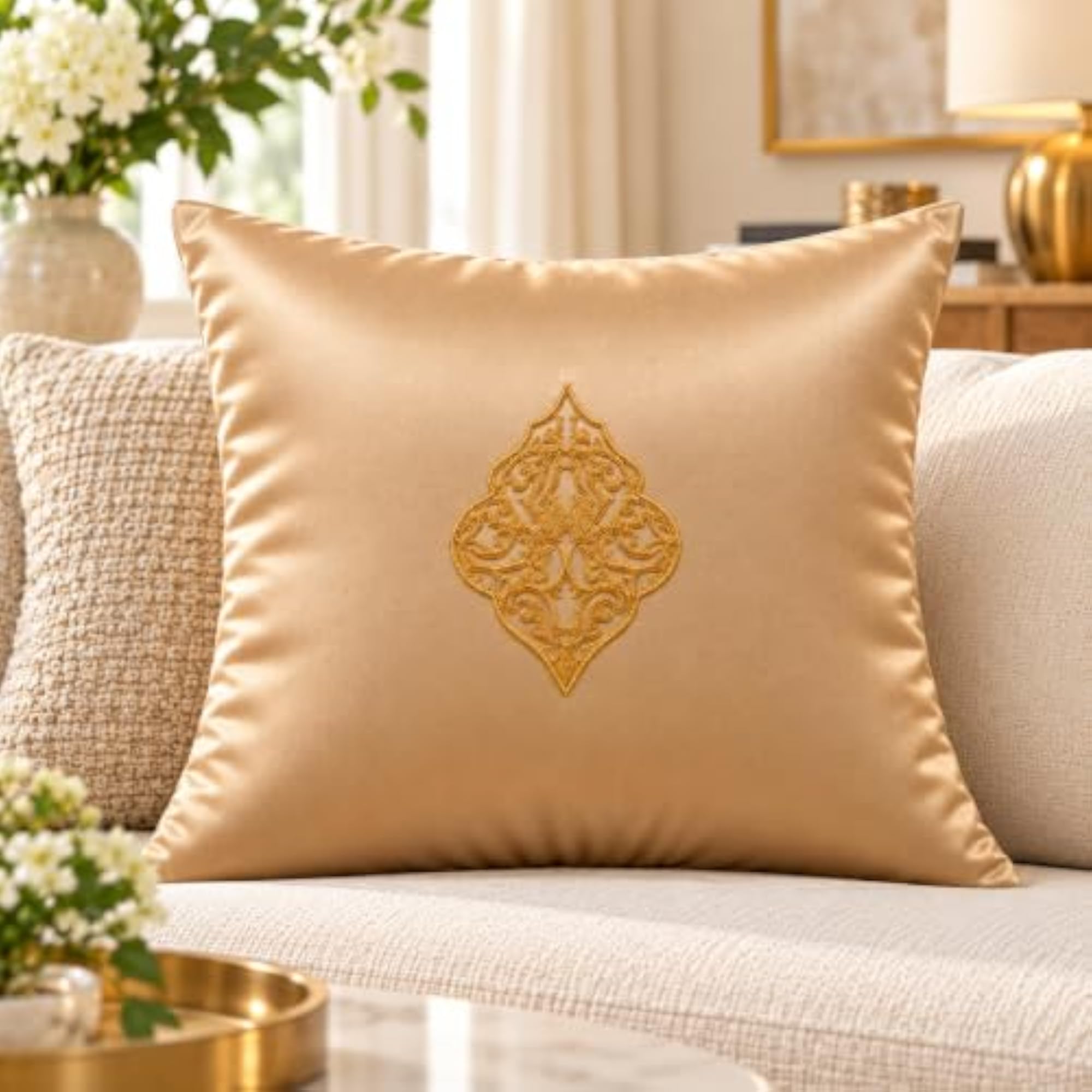Pack of 3 Beige Satin Lazorcut Cushion Covers