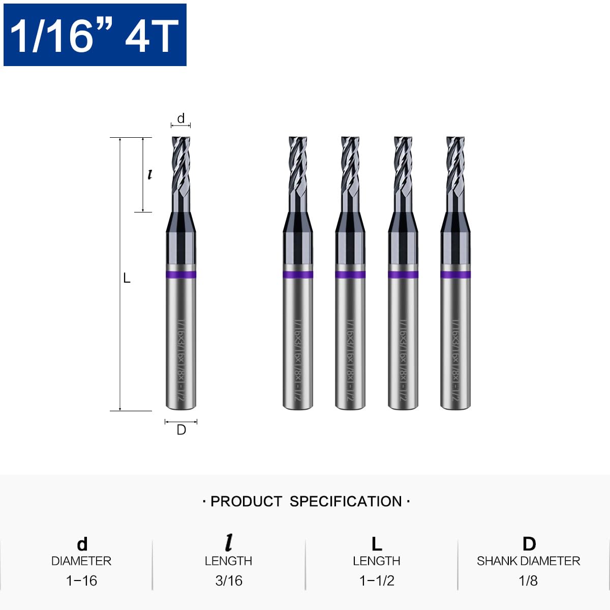 1/16" Carbide Square End Mill 4 Flute (5-Pack) - CNC Router Bits for Aluminum, Steel, Brass - 1/8" Shank, 3/16" Cut, 1-1/2" OAL - High Precision Engraving Bits