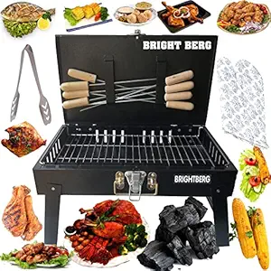 BRIGHTBERG SMALLfoot Mountain Heavy Weight (Device) Briefcase & Picnic Metal Grill Charcoal Barbecue for Home with Tong, 8 Skewers, 1 Steel Grill, Glove, Free Charcoal PacketBarbecue