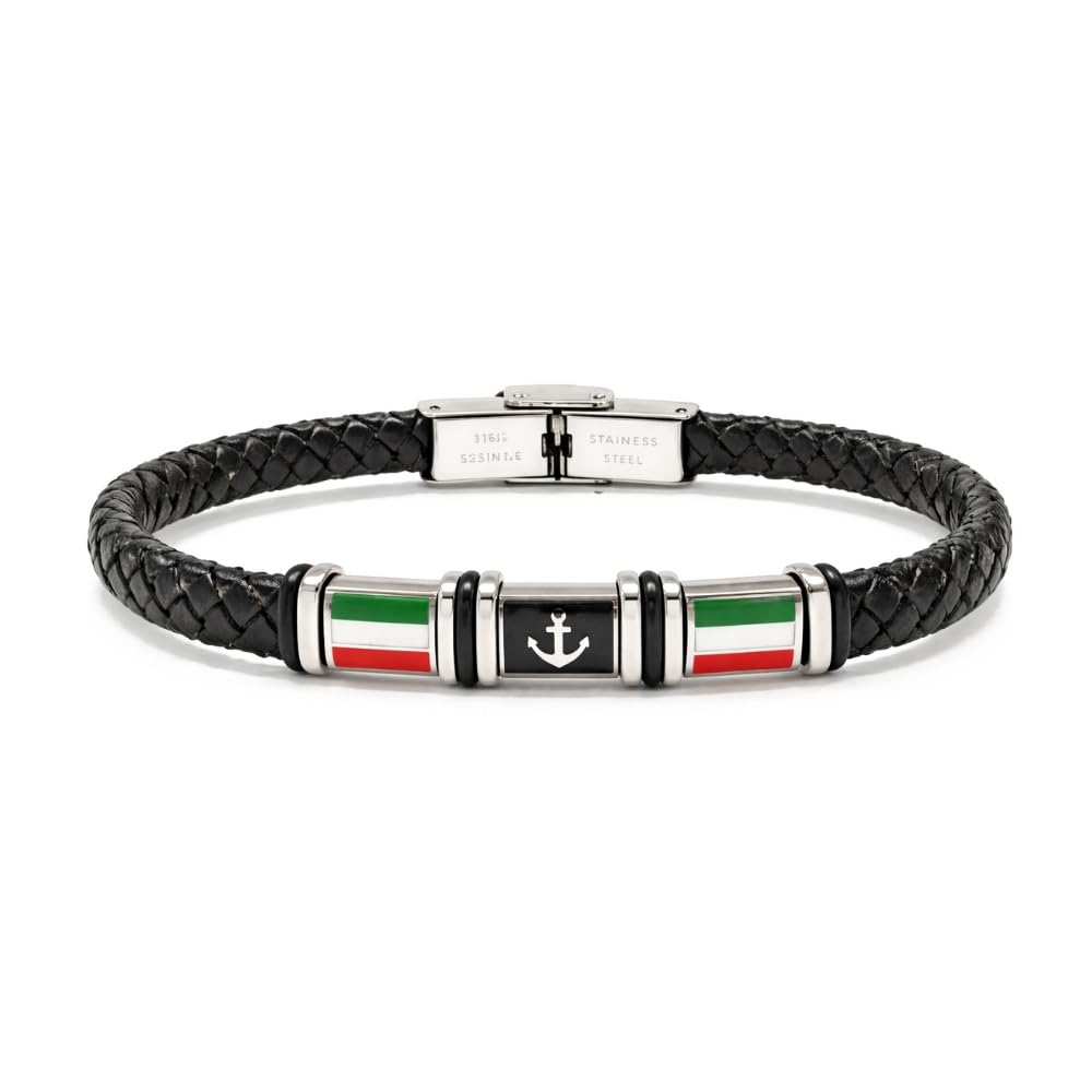 Bracciale Ancora Uomo con Bandiera Italiana in Acciaio Inox e Pelle Intrecciata – Gioiello Maschile Stile Nautico – Accessorio Resistente – Idea Regalo Uomo