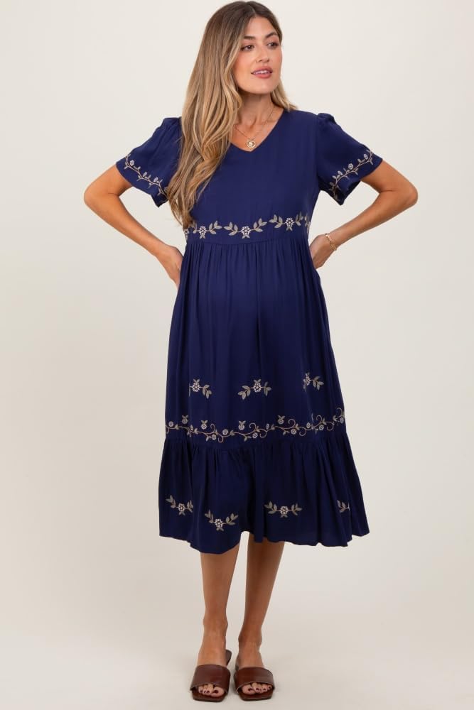 PinkBlush Navy Floral Lace Maternity Midi Dress