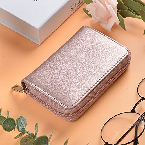 Image of Easyoulife Genuine Leather Credit Card Holder Zipper Wallet with 26 Card Slots (Rose Gold)