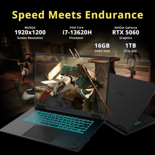 Image of GIGABYTE A16 16 inch WUXGA 165Hz Gaming Laptop, Intel Core i7-13620H, NVIDIA GeForce RTX 5060 8GB GDDR7, 16GB DDR5, 2TB Storage(1TB SSD+1TB Docking Station), RGB Backlit Keyboard, Win 11 Pro, Black Steel