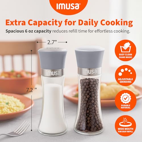 Image of IMUSA Salt Shaker and Pepper Grinder Set, 2-Pack, Manual | Adjustable ceramic core for fine-to-coarse grinding, ergonomic grip, glass base resists stains, 6oz means fewer refills