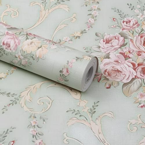 Image of Light Green Floral Wallpaper Roll for Walls and Furniture, Printed Surface Covering Sheet for Bedroom, Living Room, Kitchen, Cabinet, Shelf, Table and Home Decor 60 * 200 CM
