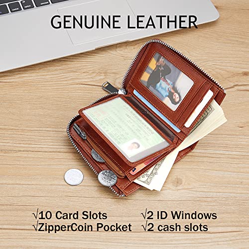 VANNANBA Mens Genuine Leather Zipper Wallet RFID Blocking Bifold Zip Around Wallets Multi Credit Card Holder with Coin Pocket & Bill Compartment(Brown)2