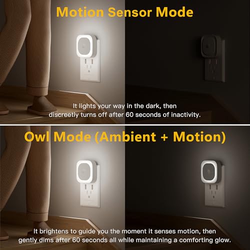 Image of YUNLEX 2 Pack Plug in Night Light with Motion Sensor & Dusk to Dawn Sensor, 3 Sensor Modes, Night Lights Plug into Wall, Auto ON /Off, Dimmable Nightlight for Bathroom, Stairs, Kitchen, Cool White