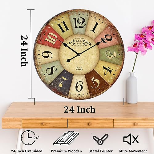 Eruner 24 Inch Vintage Wall Clocks French Style Retro Wall Clock Large Farmhouse Clocks Retro Colorful Wall Clock Decorative Battery Operated Silent Scan Non-Ticking for Home Living Room Bedroom by Eruner - Image 3