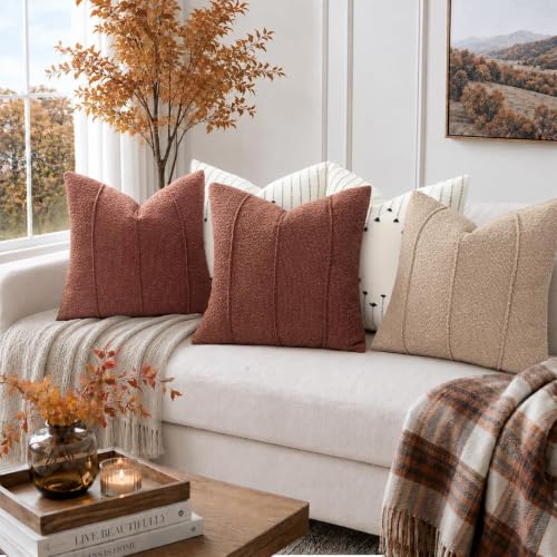 YCOLL Rust Boucle Pillow Covers 20x20 Set of 2, Textured Fall Throw Pillow Covers with Striped Design, Soft Decorative Cushion Covers for Fall Decor, Farmhouse Couch,Terracotta Thanksgiving Home Decor by YCOLL - Used condition - Image 5