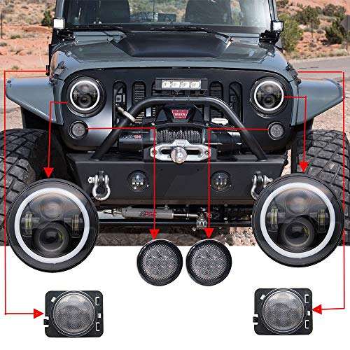 HANEU 7' LED Phare Avant Halo + Clignotant + Feu de Position Latéral pour Wrangler JK