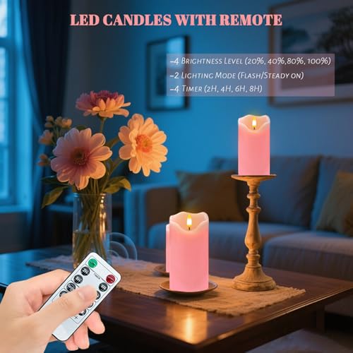 Image of VEEKI Flameless Candles Light, Set of 2 6 inchx3 inch Flickering LED Candle with Remote & Timer, Dimmable Electric Pillar Candles Battery Operated, Pink Candles for Valentine's Day Xmas Home Decor (2PC)
