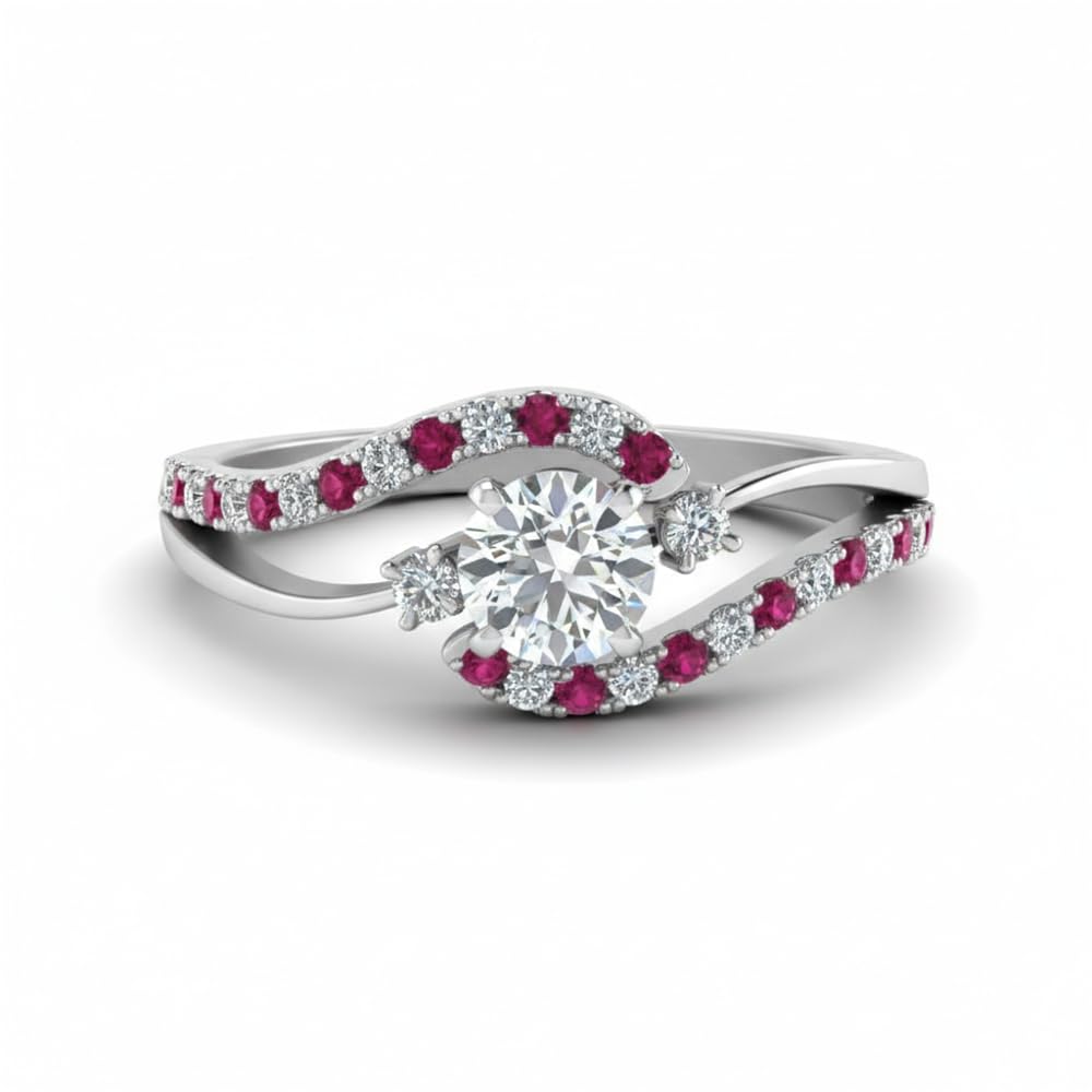 Choose Your Gemstone Swirl 3 Stone Diamond CZ Engagement Ring 925 Sterling Silver Round Shape Side Stone Engagement Rings for Women, Girls and Ladies US Size 4 to 12