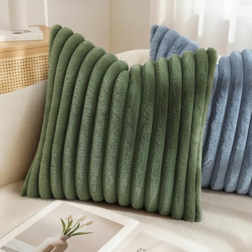 Image of decorUhome Fall Cozy Faux Fur Throw Pillow Covers 18x18 Set of 2 Decorative Soft Plush Striped Modern Farmhouse Boho Couch Pillow Cases with Velvet Back for Sofa Bed Living Room, Olive Green
