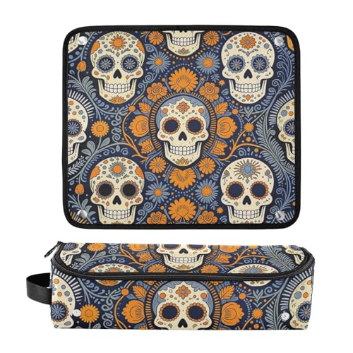 Bolsa de viaje para herramientas de cabello con alfombrilla para plancha, estuche portátil para plancha y accesorios para el cuidado del cabello, diseño de calaveras de azúcar naranja Día de los Muertos miniatura 3