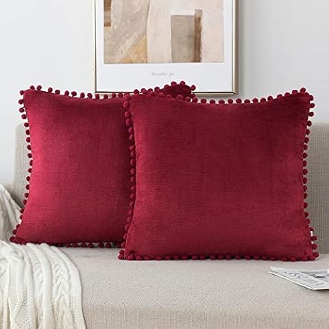 NordECO HOME Flannel Throw Pillow Covers - Soft Set of 2 Decorative Pompom Cushion Covers Cases for Bed Sofa Home Decoration, 18 x 18, Burgundy Cover