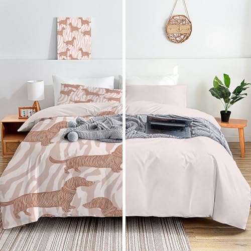 Housse de couette 220x240cm parure de lit microfibre teckel rose beige - 5