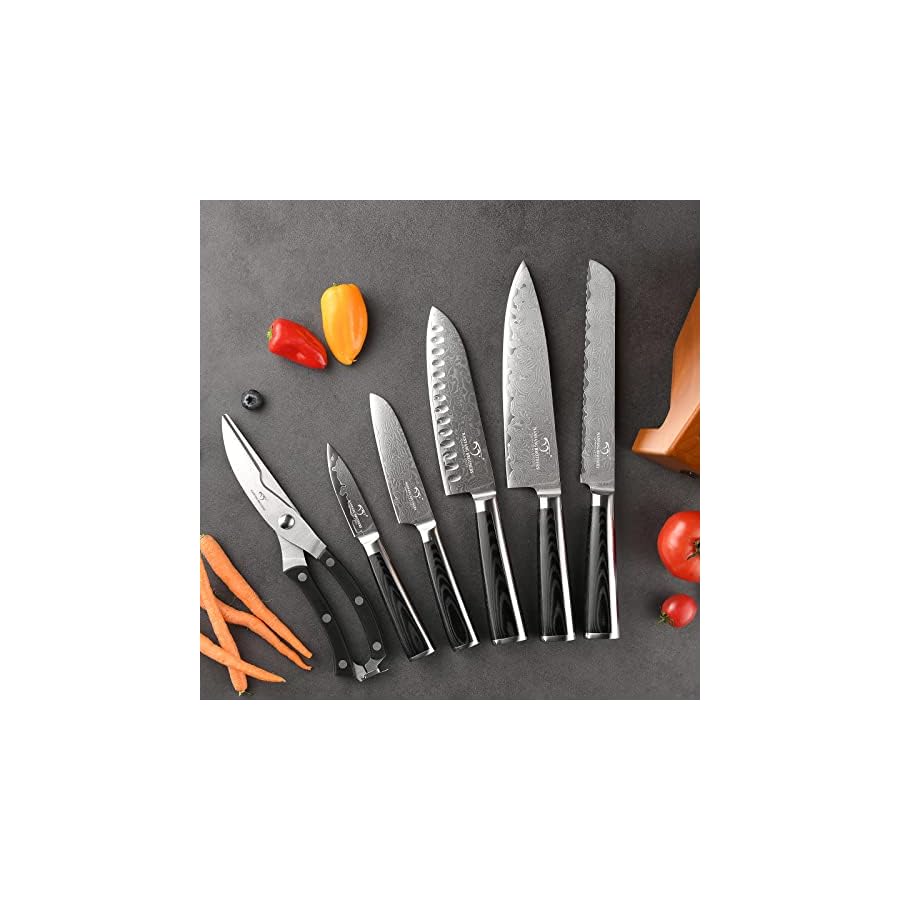 Knife Sets for Kitchen with Block, 7 Pieces Damascus Knife Set, VG10 Steel with Micarta Handle, Chef Knife Set and Kitchen Shear