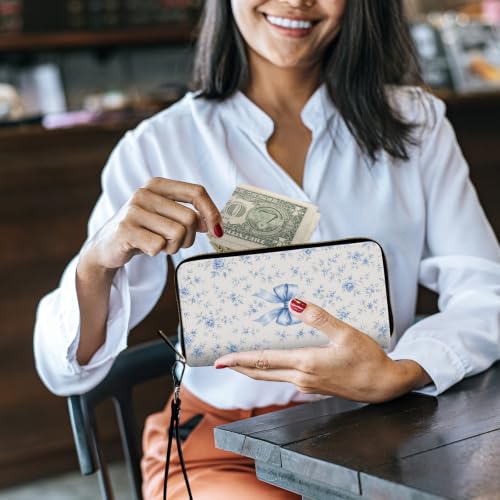 Image of Women's Wallets Credit Card Holder Money Leather Long Wallet | Long wallet with Wristlet,Large Capacity with Zip-Around Phone Purse for Women Ladies Girls,Blue Bow