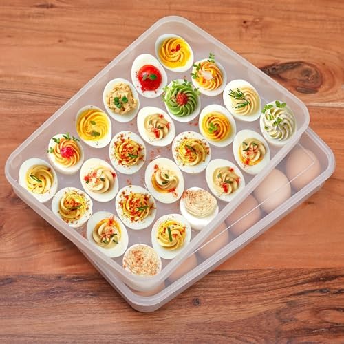 echomerx 2-Set Deviled Egg Containers with Lid - Portable Plastic Devil Egg Holder for 48 Eggs - Stackable Refrigerator Carrier - Clear Tray - Secure Seal - Easy-to-Clean Party-Ready Organizer