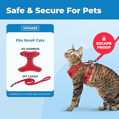 Image of Voyager Escape-Proof Step-in Lock Cat Harness & 5ft Neoprene-Handle Leash Set All-Weather Mesh with Reflective Stitching for Small to Large Cats by Best Pet Supplies, Red (327), XS