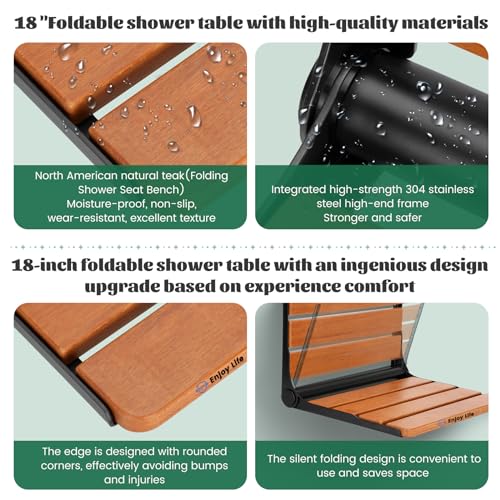 18\" Teak Folding Shower Seat Wall Mounted,Fold Down Shower Bench for Small Shower Space, Home Care Teak Wood Stool for Inside Shower (18\" Teak-Stainless Black)