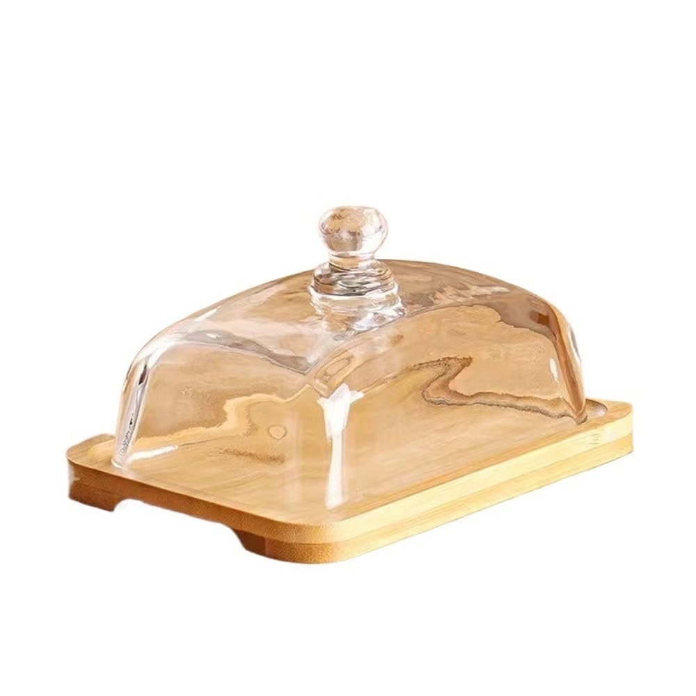 HPTHLY Butter Dish Rectangular Wooden Butter Plate Glass Cover Yellow Oil Plate Snack Dim Sum Cake Dessert Plate Butter Container (Khaki)