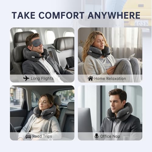 Image of Neck Pillow Travel Pillow - 100% Pure Memory Foam Airplane Pillow with Adjustable Clasp & Removable Cover, Portable Travel Essentials for Long Flights, Car & Office (Dark Gray, with Eye Mask)