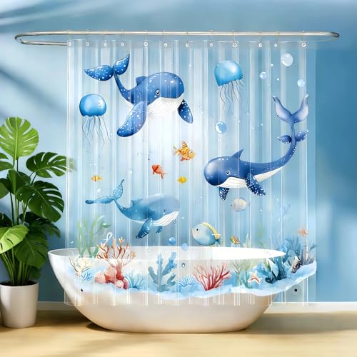CAPQL Clear Plastic Whale Shower Curtain Liner, Cute Ocean Nautical