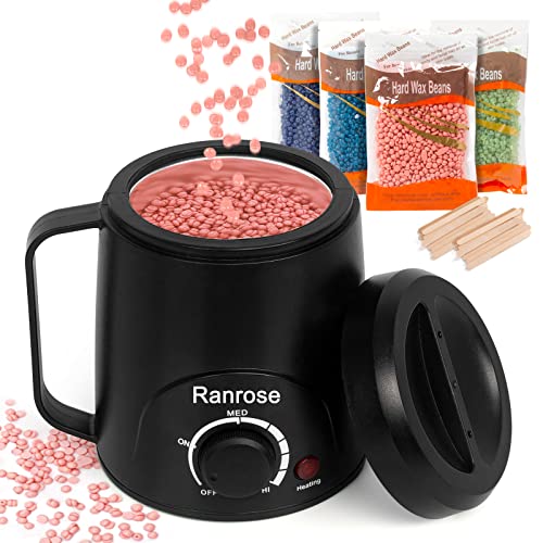 Ranrose Wax Melt Warmer for Hair Removal Kit,200CC Black Hair Removal Waxing Kit 4 Formula Hard Wax Beads,20 Wax Applicator Sticks for Women Portable Mini Wax Kit
