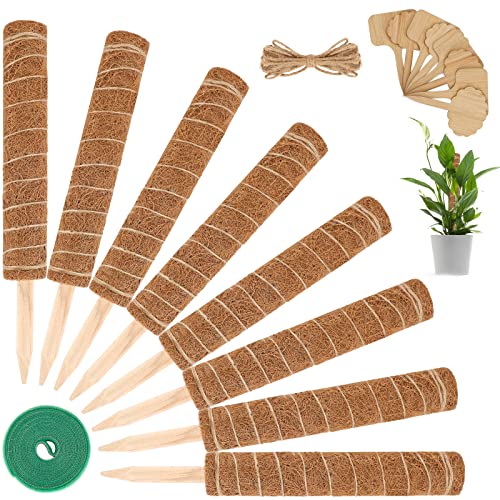 Whonline 8 Stück 39,9 cm Moosstangen aus Kokosfaser für Kletterpflanzen im Innenbereich, Pflanzstange für Monstera-Philodendron-Pothos mit Jute-Schnur, Garten-Krawatte und 8 Bambus-Etiketten Cover