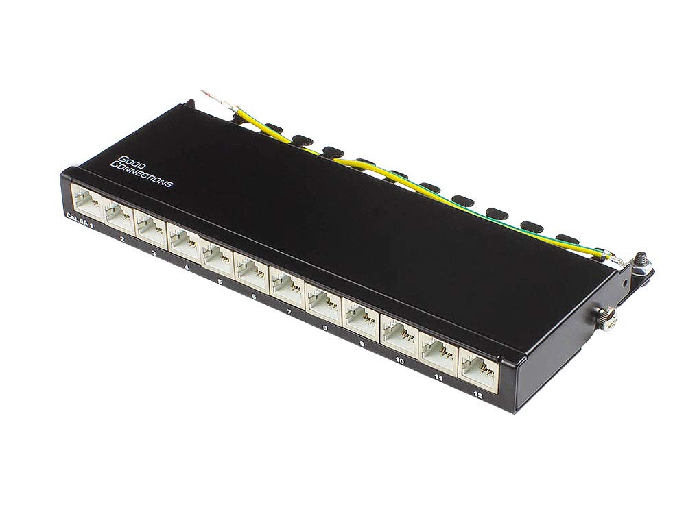 Good Connections® Patch panel / patch panel - desktop - Cat. 6A, 500 MHz - 10-GIGABIT capable - 12 port - 0.5 HE - STP shielded - tool opening - jet black (RAL9005)