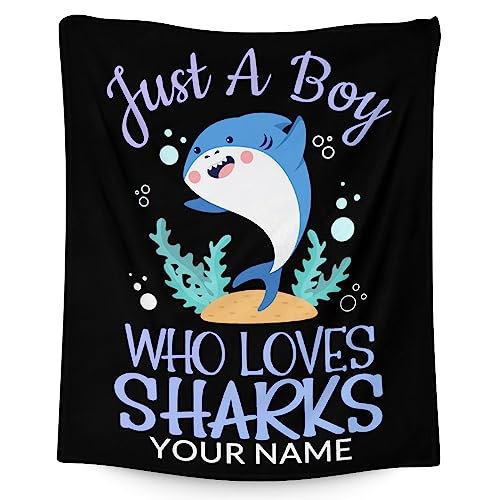 Personalized Shark Blanket Gifts with Name - 40"x50" Cute Throw Blanket for Boys - Black Soft Fuzzy Blankets for Bed, Couch & Living Room