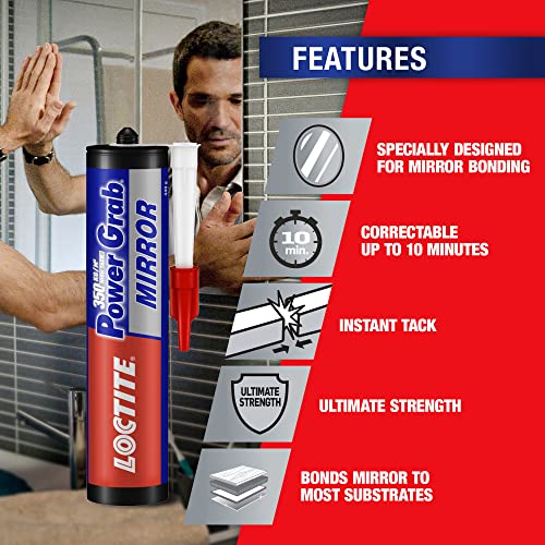 Image of Loctite Power Grab Mirror Construction Adhesive, ultimate strength, 0 second instant grab, high tack adhesive, No-nails and screws, no clamping, DIY, no mixing, mirrors, glass, waterproof 440g